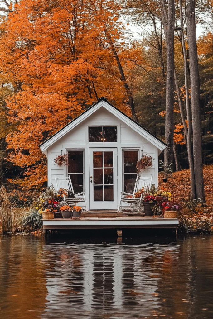 a white tiny home on a lake showing different tiny house dimensions